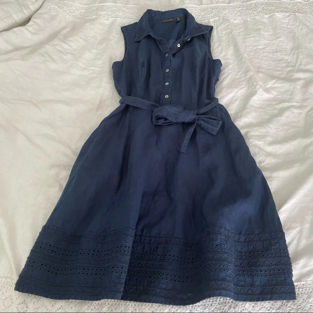 Tahari SZ 2 100% Linen Shirt Dress Navy blue fit flair - Picture 1 of 8